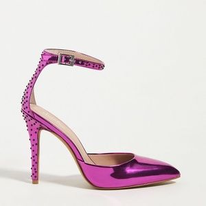 New Anthropologie Charles David Embellished Ankle Strap Heels Metallic Pink 6.5
